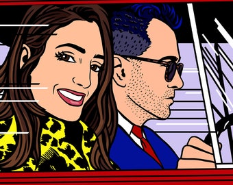 May include: Pop art style illustration of a couple in a red car. The woman has long brown hair and a yellow and black patterned top. The man wears sunglasses and a blue suit with a red tie. The car window is open.
