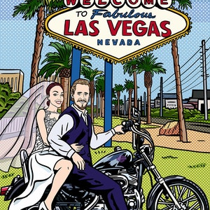 Può includere: Una sposa e uno sposo in sella a una moto davanti al famoso cartello "Welcome to Fabulous Las Vegas". La sposa indossa un abito da sposa bianco e un velo, mentre lo sposo indossa un abito nero e una cravatta. La moto è nera con dettagli cromati.