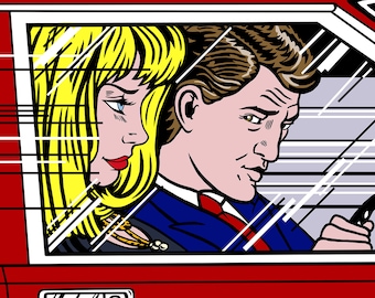 May include: Pop art style illustration of a man and woman in a red car. The man, in a blue suit and red tie, is driving. The woman, with blonde hair and red lipstick, looks out the window. The image has bold lines and primary colors.