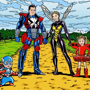 Retrato de família de super-heróis no estilo POP ART com fundo personalizado \ Para uso digital e impressão pessoal \ Personalizado