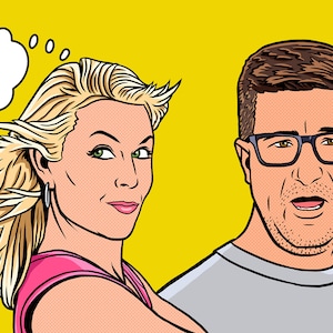 Può includere: Illustrazione in stile fumetto di una coppia con fumetti. La donna dice: "OH, JEFF... I LOVE YOU TOO, BUT..." L'uomo, con gli occhiali, pensa: "BUT WHAT???" su sfondo giallo.