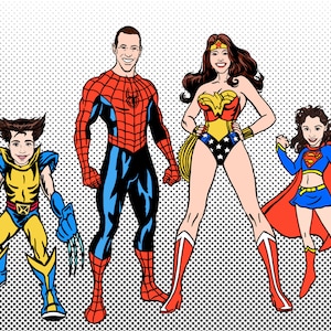 Família de super-heróis no estilo POP ART / Ilustração de retrato personalizado / Fundo personalizado / Para uso digital e impressão pessoal