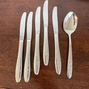 May include: A set of six silver-colored utensils, including five knives and one spoon, arranged on a dark wooden surface. The knives have a floral design on the handles. The spoon is oval-shaped.