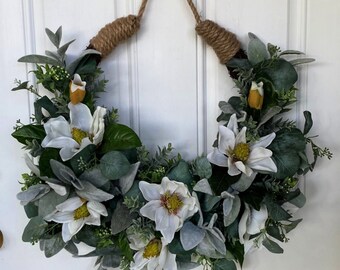 Magnolia Floral Grapevine Wreath, Farmhouse Spring Summer Decor