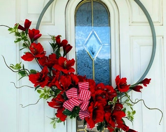 Floral Wreath, Spring Wreath, Summer Wreath, Red Gladiolus Wreath, Embroidery Hoop Wreath, Welcome Wreath,  Indoor Wreath, Minimalist Wreath