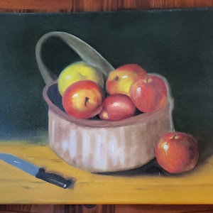Oil On Canvas Painting, Still Life Painting, Original Painting, Old container with Apples, Paring Knife on Table, Fruit Still Life, 16x12x1”