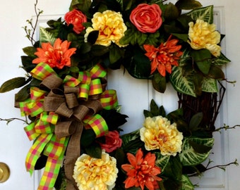Peony Dahlia Floral Wreath, Peach Yellow, Grapevine Welcome Wreath
