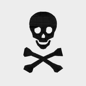 May include: Black and white skull and crossbones graphic. The skull has a toothy grin.