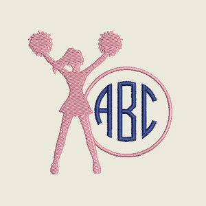May include: Pink silhouette of a cheerleader holding pom-poms with a navy blue circle monogram with the letters "ABC" in the center.