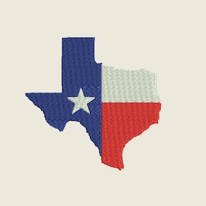 May include: An embroidered outline of the state of Texas with the Texas flag colors, blue, white, and red, inside the outline.