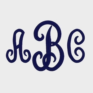 May include: A navy blue monogram with the letters A, B, and C in a cursive font.