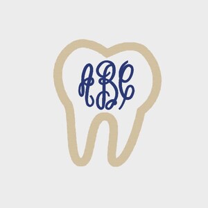 May include: A beige tooth-shaped cookie with a blue monogram "ABC" in the center.