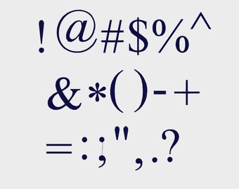 May include: A collection of punctuation marks and symbols in a dark blue color. The symbols include exclamation point, at sign, number sign, dollar sign, percent sign, caret, ampersand, asterisk, parenthesis, hyphen, plus sign, equals sign, colon, semicolon, quotation marks, comma, period, and question mark.