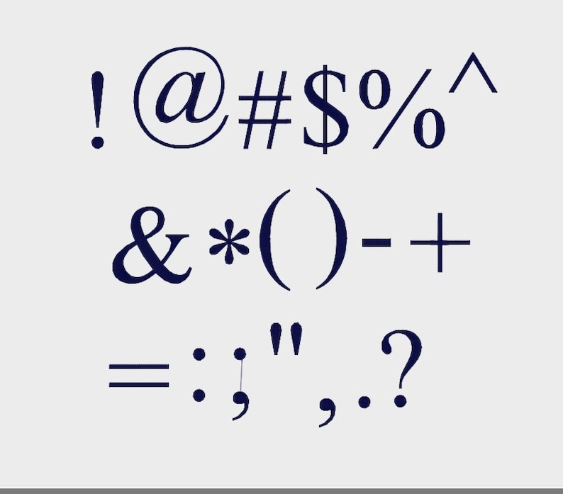 May include: A collection of punctuation marks and symbols in a dark blue color. The symbols include exclamation point, at sign, number sign, dollar sign, percent sign, caret, ampersand, asterisk, parenthesis, hyphen, plus sign, equals sign, colon, semicolon, quotation marks, comma, period, and question mark.