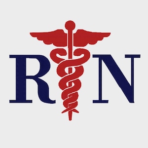 May include: RN logo in navy blue with a red caduceus symbol. The caduceus, a staff with two snakes and wings, is centered between the letters. The image is on a white background, commonly associated with the nursing profession.