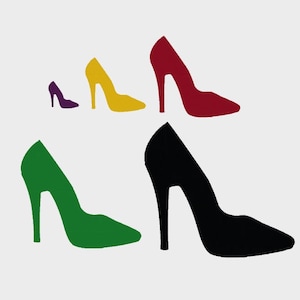 May include: Four pairs of high heel shoes in different colors: purple, yellow, red, and black.