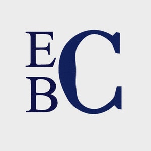 May include: A navy blue monogram with the letters "EBC" in a serif font.