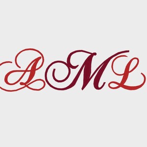 May include: A logo featuring the letters "AML" in a stylised, cursive font. The letters are in shades of red and burgundy.