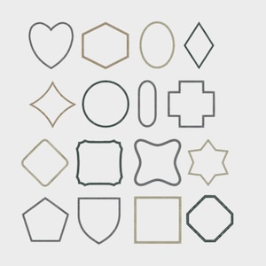 Puede incluir: Un conjunto de 16 formas de marco diferentes en negro, gris y marrón. Los marcos están todos delineados y tienen un diseño simple.
