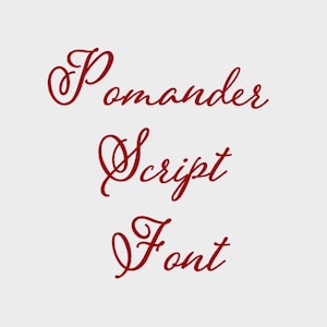 Könnte beinhalten: Die Wörter "Pomander Script Font" sind in einer fließenden, eleganten, dunkelroten Schrift auf hellgrauem Hintergrund geschrieben. Der Schriftstil erinnert an Kalligraphie.