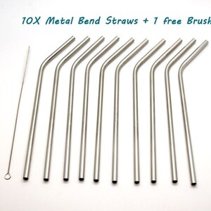 Set of 10 Curved Stainless Steel Drinking Straws + FREE brush, Mason Jar, Wedding/Party Decor, Reusable, Kid Friendly, Must have it 4th July