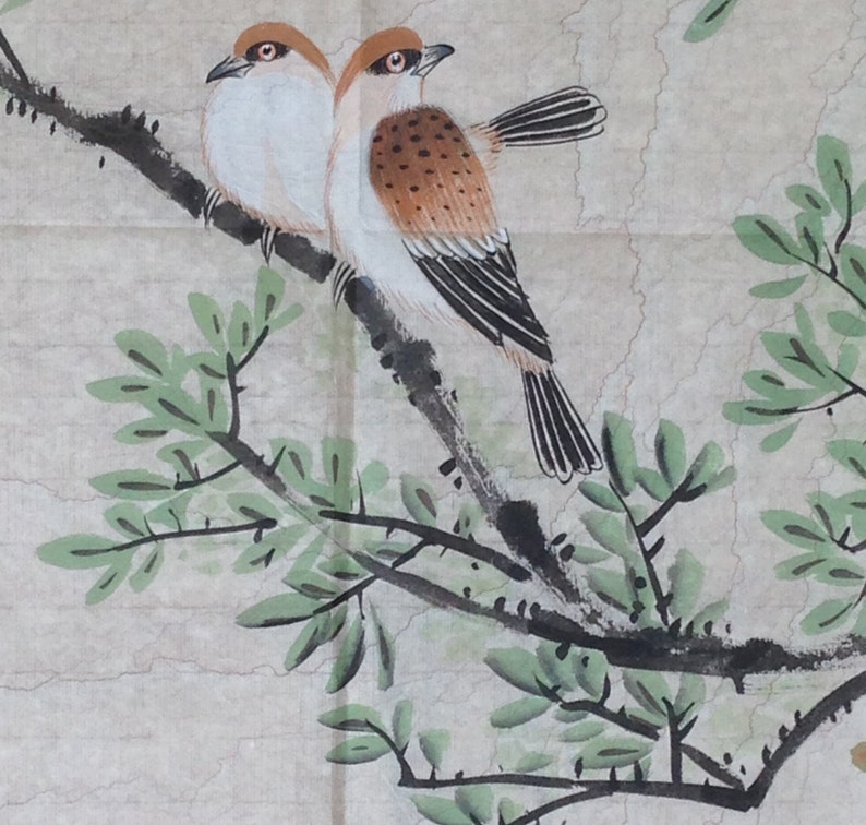 TX Ships from Dallas Handpainted AsianChinese Painted Floral Branches with Birds on Rice Paper Panel #29