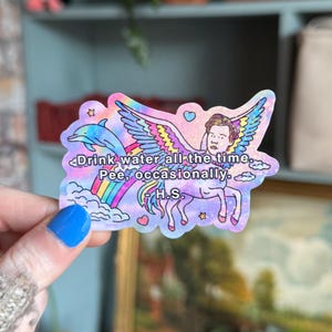 Könnte beinhalten: Ein farbenfroher Aufkleber mit einem geflügelten Pferd, einem Gesicht, einem Regenbogen und einem Delphin. Der Aufkleber hat den Text: "Drink water all the time. Pee, occasionally. - H.S."