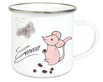 Mouse with acorns Enamelet cup coffee mug with silver stainless steel rim Easter Camping