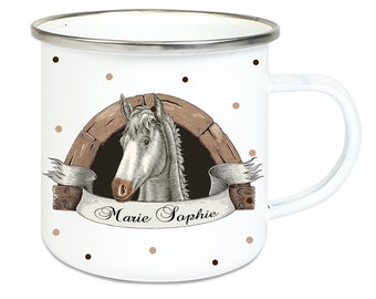 Horse enamel cup coffee mug with silver stainless steel rim Easter Camping