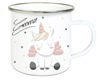 Unicorn enamel cup coffee mug with silver stainless steel rim Easter Camping Unicorn