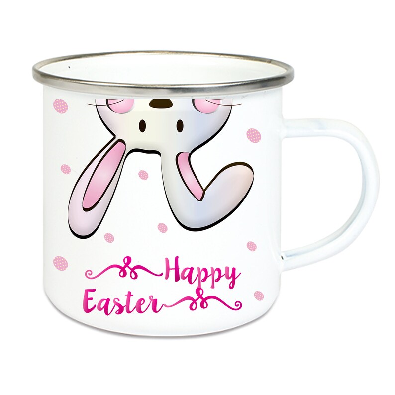 Hase Emailletasse Kaffeebecher mit silbernem Edelstahlrand Rabbit Ostern Bild 1