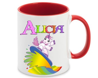 Tasse mit Namen Regenbogen Surfer Einhorn