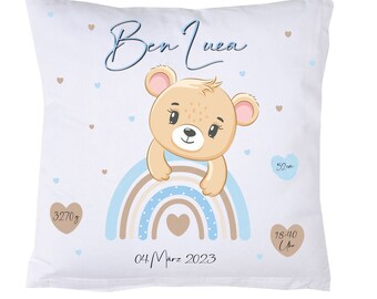 Personalisiertes Geburtsgeschenk Kissen Baby Geburt od. Taufe + Name + Daten Junge Mädchen Teddy Regenbogen