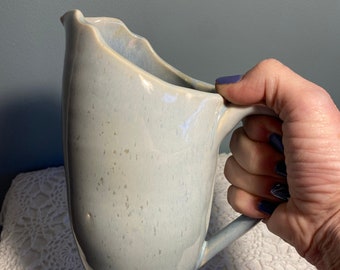 Carved blue pottery pitcher, handmade ceramic pitcher, light blue stoneware milk pitcher, pottery Christmas, milk jug pottery