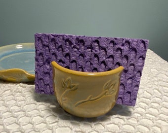 Blue and yellow ceramic handmade sponge holder, hand thrown pottery scrubby holder, stoneware sponge holder