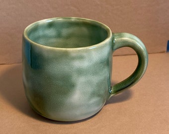 Cloudy green glazed handmade pottery coffee mug, green stoneware hand thrown mug, pottery cup ceramic, pottery mug