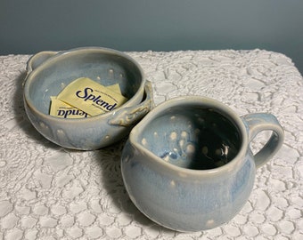 Small blue glazed pottery sugar and creamer set, ceramic kitchen set, blue pottery creamer and sugar bowl, pottery Christmas