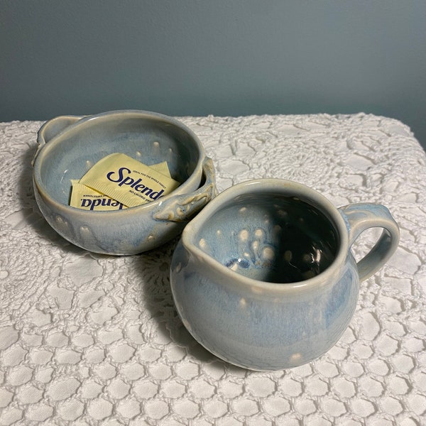 Small blue glazed pottery sugar and creamer set, ceramic kitchen set, blue pottery creamer and sugar bowl, pottery Christmas