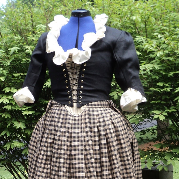 Sz 8(36-37" bust 28-29" waist) Colonial/late 1700's 3-pc.dress set:Linen bustier w/ laced front,stomacher &Cotton plaid skirt-READY-TO-SHIP