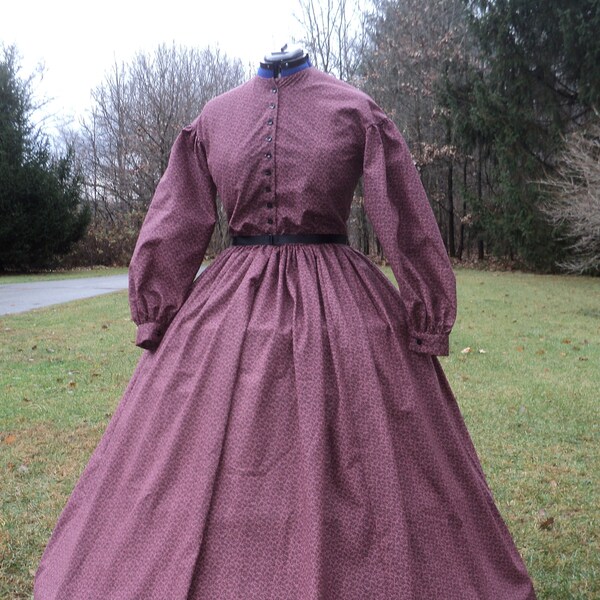 Mid-1800's Ladies' sz 8/10(37-38"bust,29-30"waist) Simple Civil War Era Calico Camp/Day Dress full skirt,gathered bodice -READY-TO-SHIP-Jane