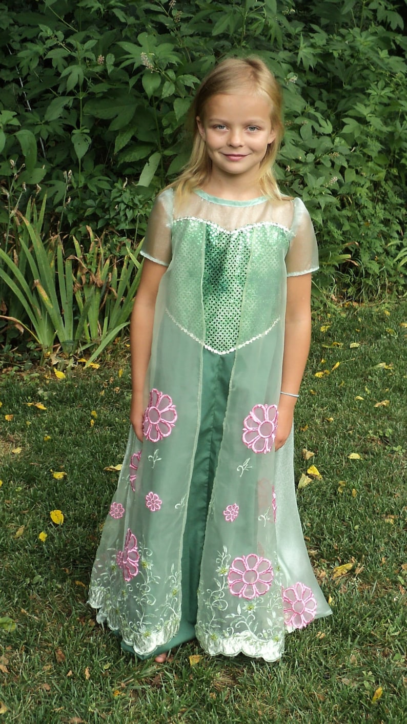 Clearance Organza Chiffon Cape sheer sleeves /& yoke-READY-TO-SHIP Girl/'s sz8 Fantasy gown like Elsa/'s green dress w pink Flower Appliques