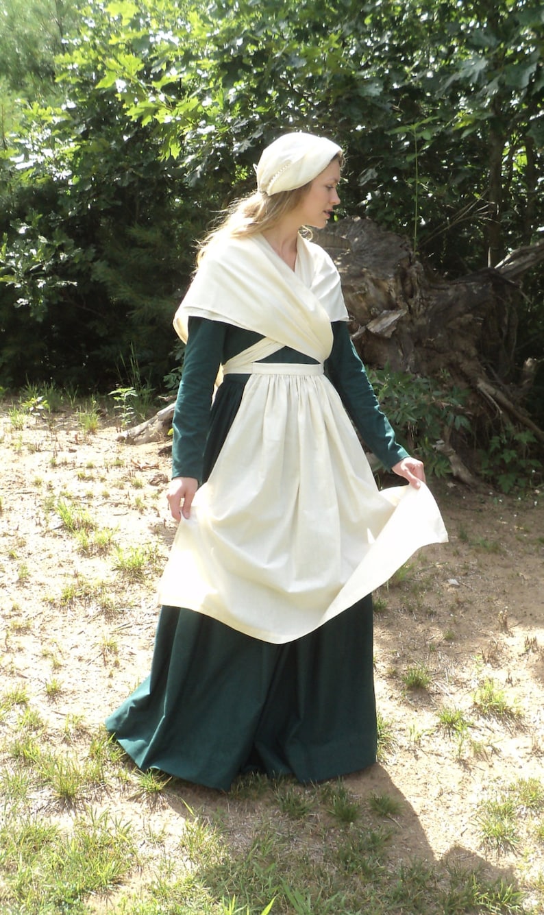 sizes 68 White color Early AmericanColonial Women/'s 2-pc kerchiefCrossover shawl and apron set made of Cotton Muslin READY-TO-SHIP