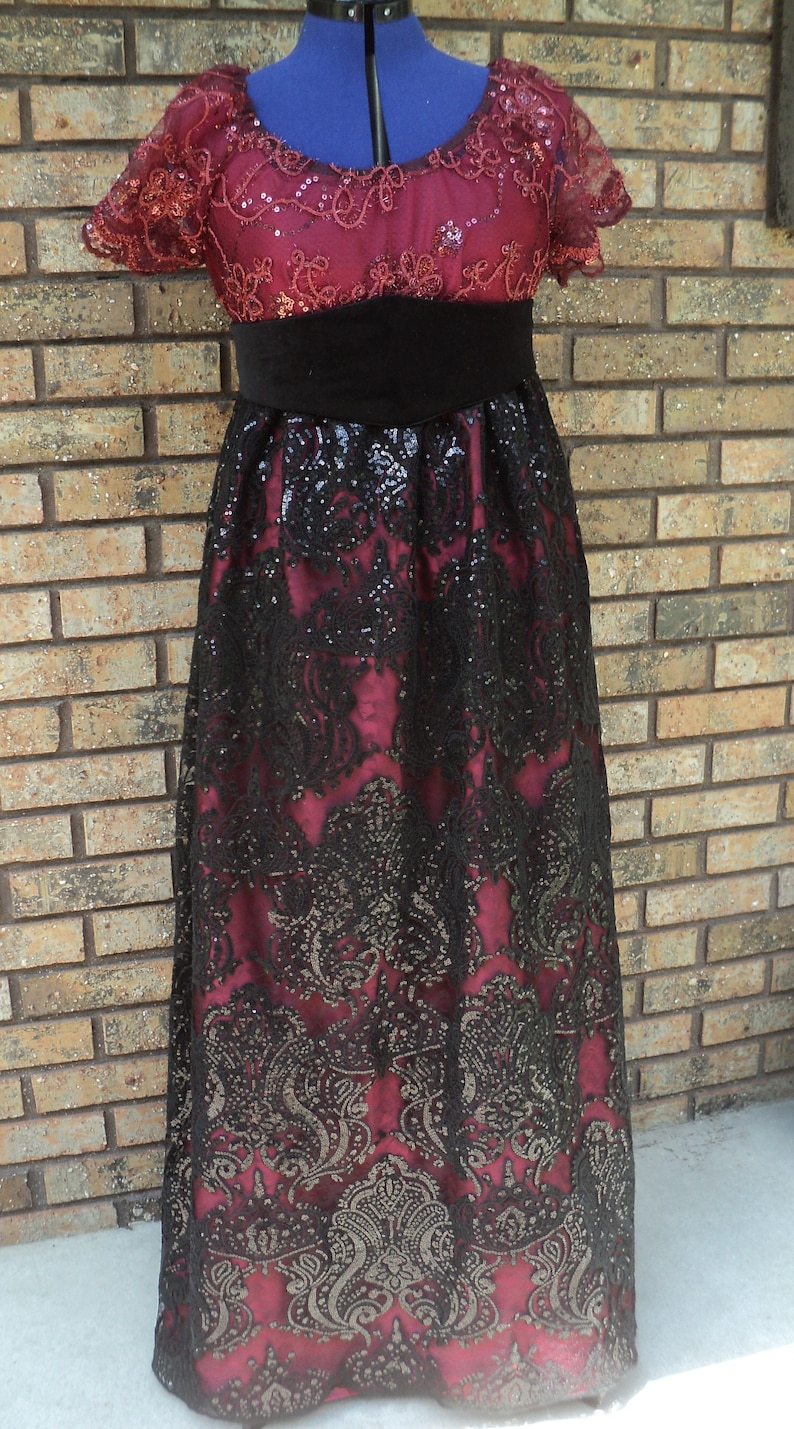 Holiday evening gown READY-TO-SHIP 36 bust Ladies/' Titanic Era Bourdeaux Satin gown w sequined lace overlay /& velveteen belt Rose Sz 6