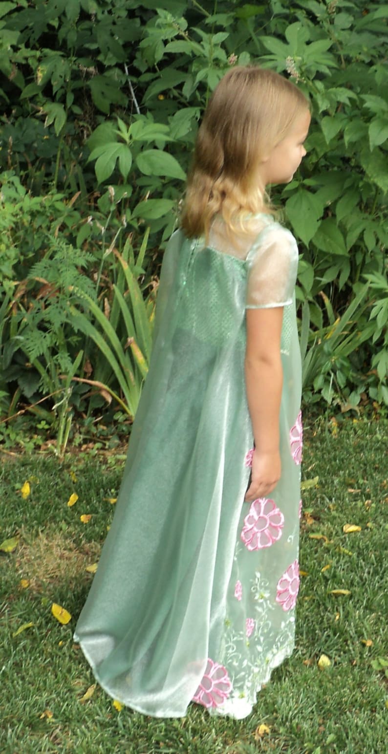 Clearance Organza Chiffon Cape sheer sleeves /& yoke-READY-TO-SHIP Girl/'s sz8 Fantasy gown like Elsa/'s green dress w pink Flower Appliques