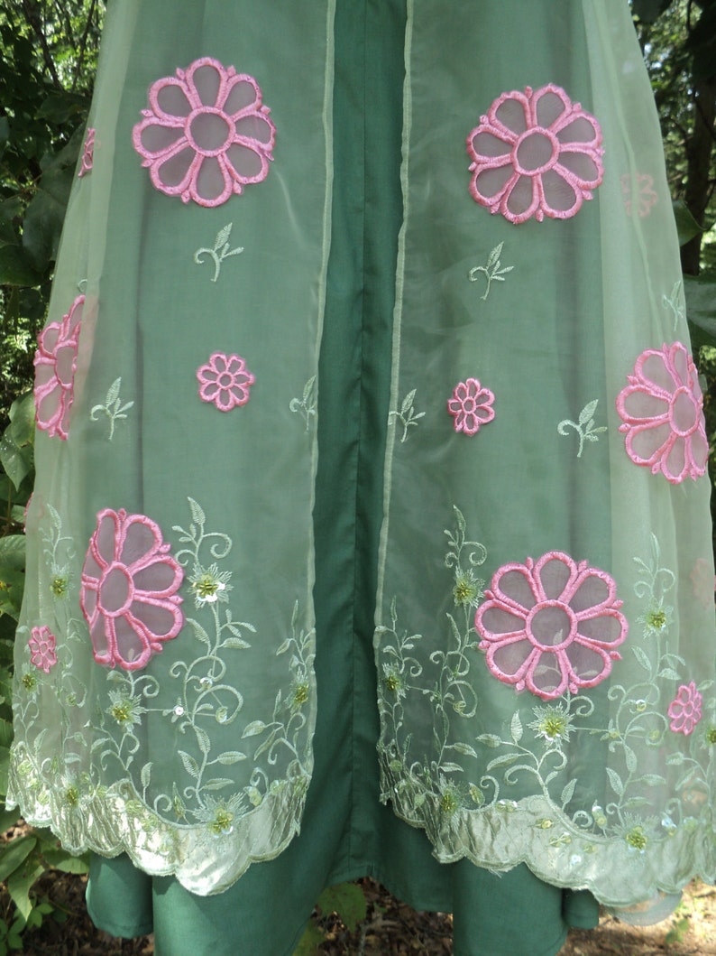 Clearance Organza Chiffon Cape sheer sleeves /& yoke-READY-TO-SHIP Girl/'s sz8 Fantasy gown like Elsa/'s green dress w pink Flower Appliques