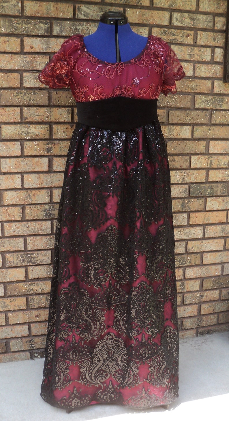 Holiday evening gown READY-TO-SHIP 36 bust Ladies/' Titanic Era Bourdeaux Satin gown w sequined lace overlay /& velveteen belt Rose Sz 6