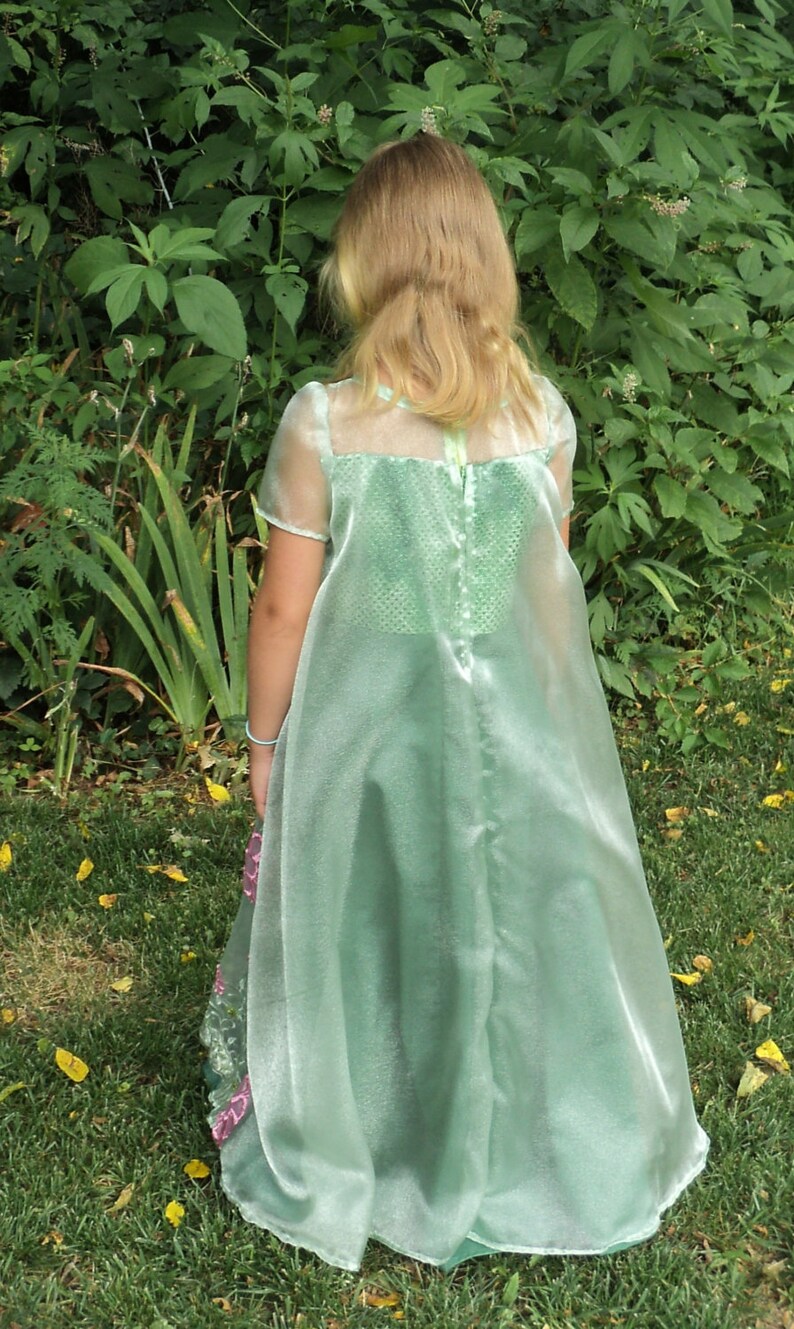 Clearance Organza Chiffon Cape sheer sleeves /& yoke-READY-TO-SHIP Girl/'s sz8 Fantasy gown like Elsa/'s green dress w pink Flower Appliques