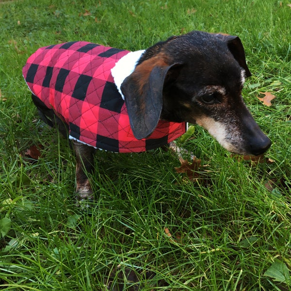 Red and Black Buffalo Plaid Quilted Cotton and Sherpa Reversible Dachshund Jacket~Dachshund Clothes~Reversible Buffalo Check Dachshund Coat