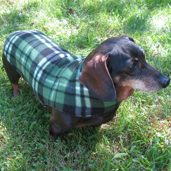 Dachshund Jacket~Reversible Fleece Dog Jacket~~Green Plaid Fleece Print~ Double Fleece Coat~Dachshund Clothes~Fleece Dog Jacket~Weiner Coat