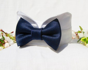 Navy Blue Dog Bow Tie Collar~Navy Satin Bow Tie~Dog Tuxedo Collar~Wedding Dog Collar~Dog Ring Bearer~Dog in Wedding~~Classic Bow Tie Style